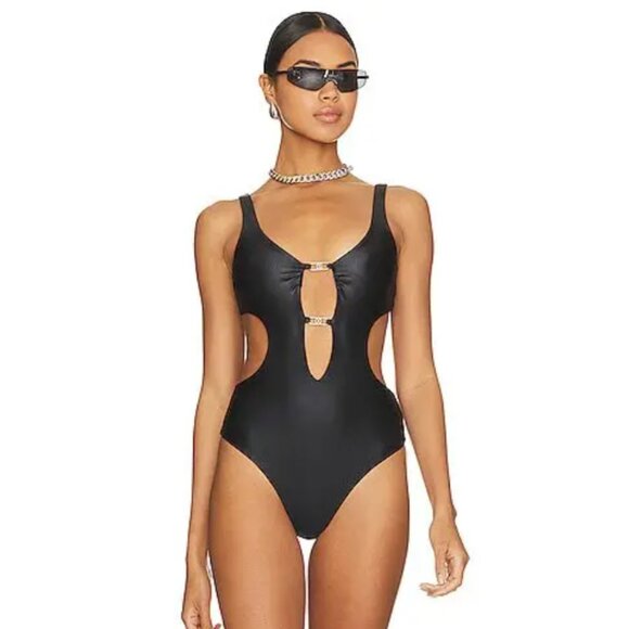 NWT Devon Windsor Josie One Piece Swimsuit Black Satin Size Large - Picture 1 of 16